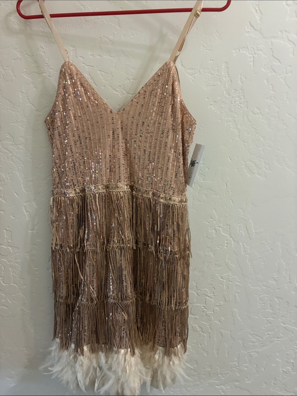 Sequin Fringe Feather Trim Slip Dress - Blush